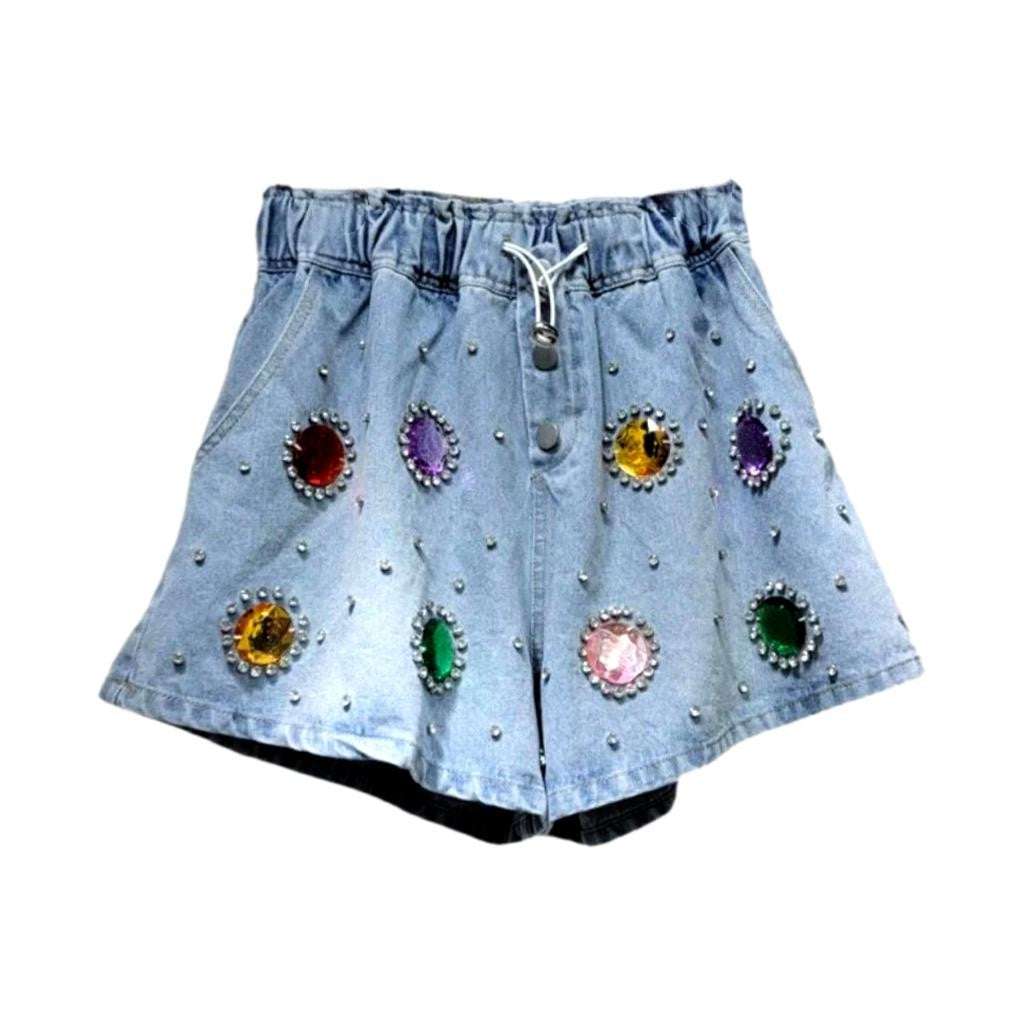 Loose embellished rhinestone denim shorts