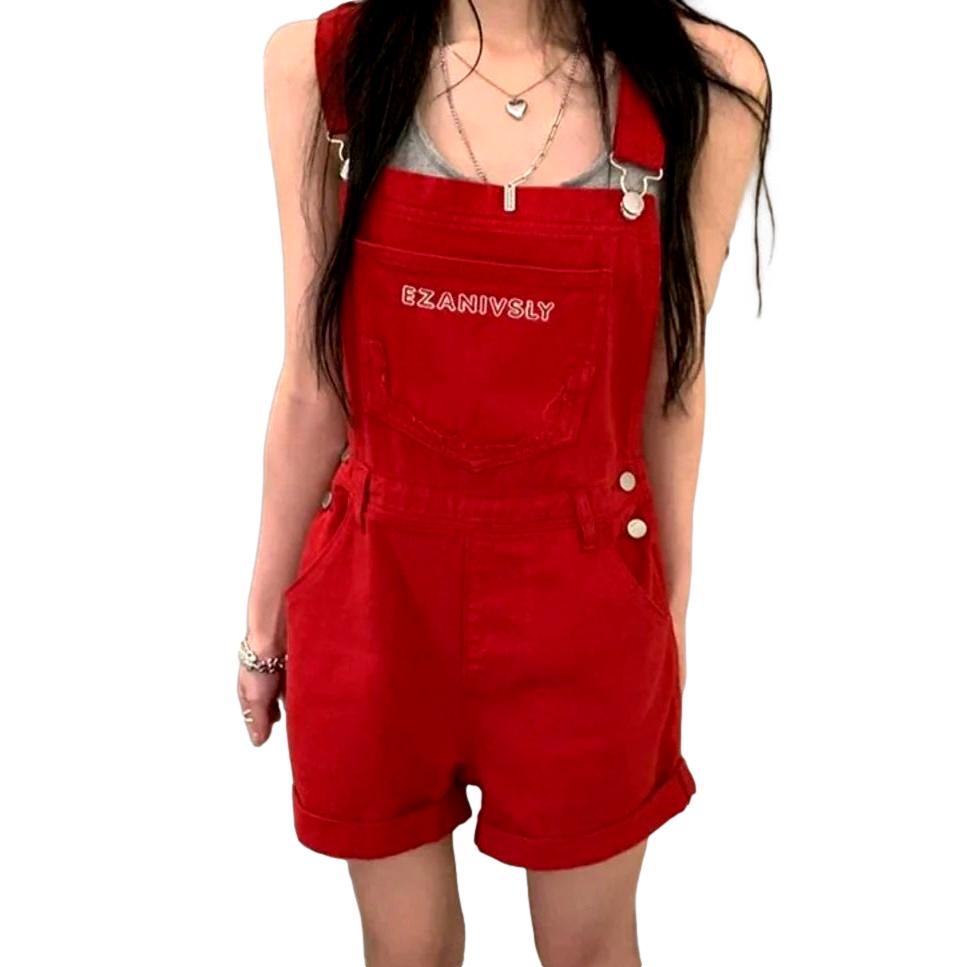 Red denim romper for women