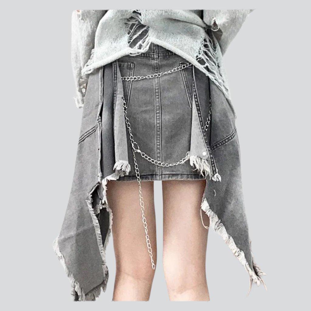 Distressed patchwork grey denim skirt