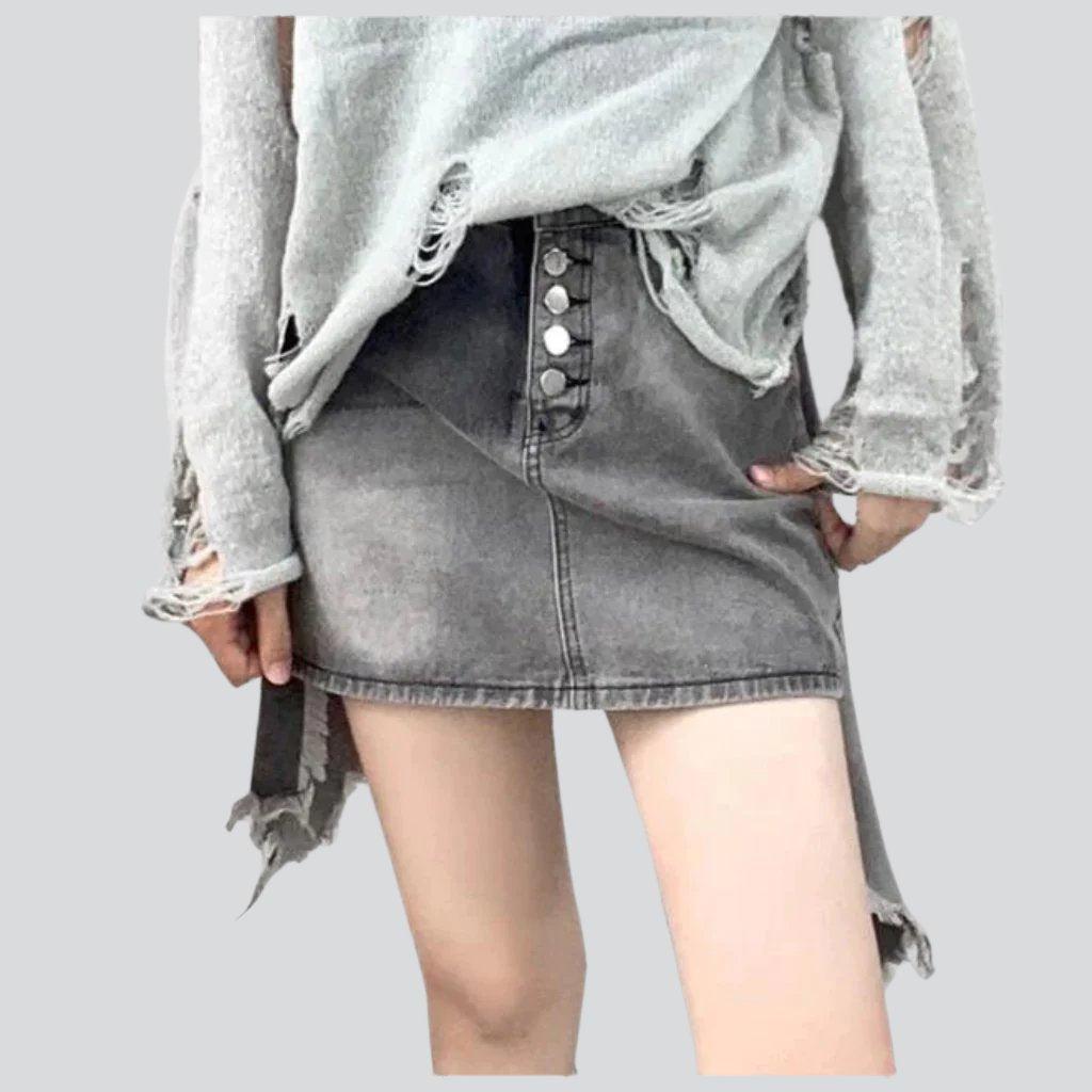 Distressed patchwork grey denim skirt