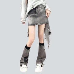 Distressed patchwork grey denim skirt