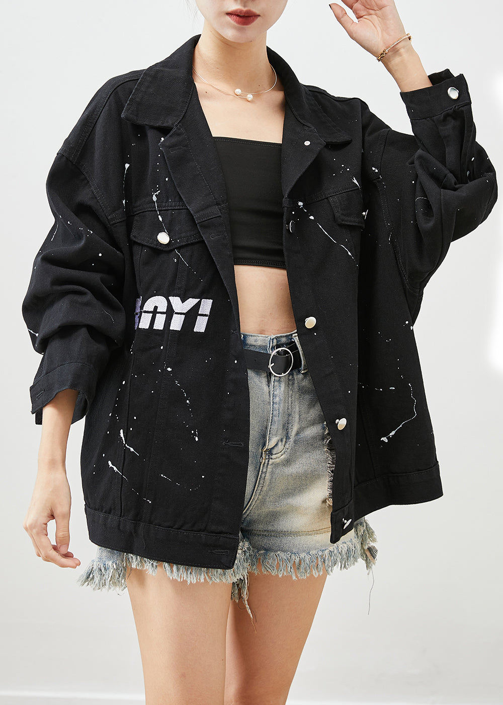 Art Black Oversized Letter Print Denim Jackets Fall