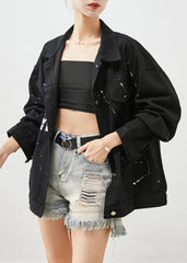 Art Black Oversized Letter Print Denim Jackets Fall