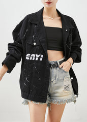 Art Black Oversized Letter Print Denim Jackets Fall