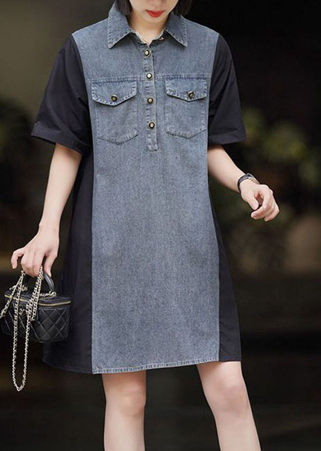 Art Black Peter Pan Collar Denim Patchwork Cotton Dresses