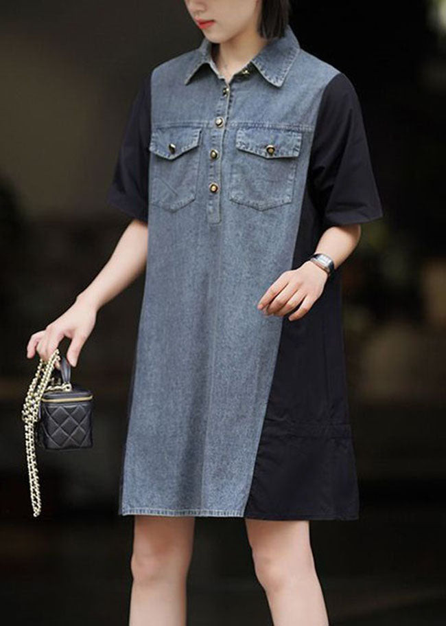 Art Black Peter Pan Collar Denim Patchwork Cotton Dresses