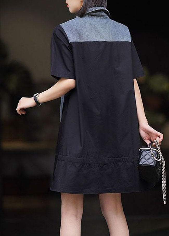 Art Black Peter Pan Collar Denim Patchwork Cotton Dresses