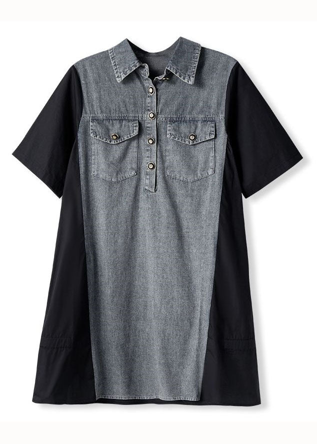 Art Black Peter Pan Collar Denim Patchwork Cotton Dresses