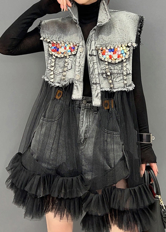 Vestido vaquero de manga larga con cuello alto, patchwork de tul y negro Art