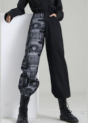 Art Black Zip Up Patchwork denim Pants