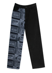 Art Black Zip Up Patchwork denim Pants