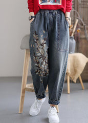 Pantalones harén de mezclilla de algodón con cintura elástica y bolsillos bordados en azul arte, otoño