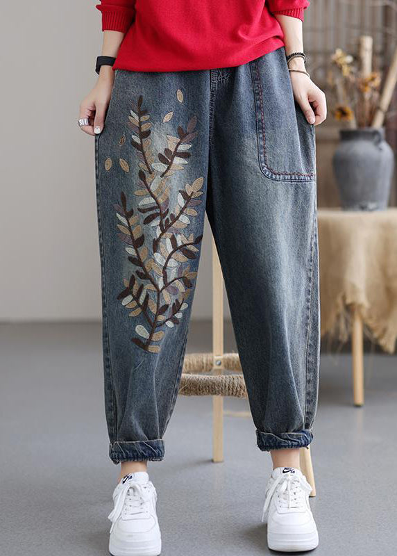 Art Blue Embroideried Taschen Elastische Taille Baumwolle Denim Haremshose Herbst