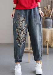 Pantalones harén de mezclilla de algodón con cintura elástica y bolsillos bordados en azul arte, otoño