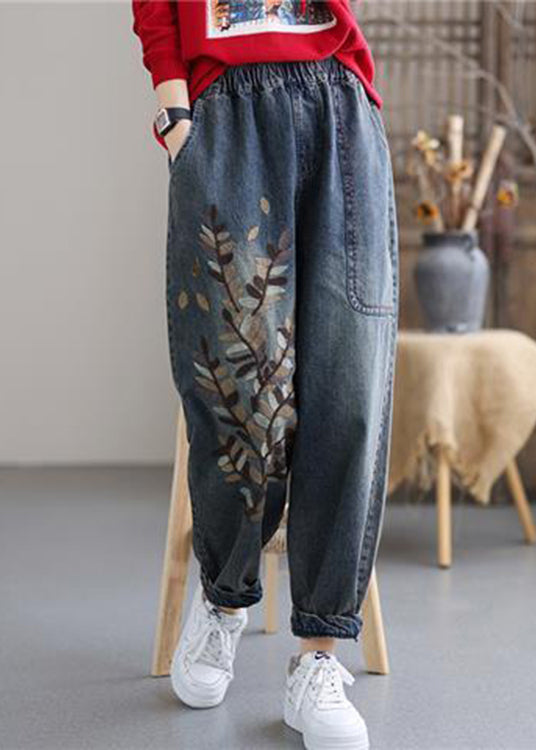 Pantalones harén de mezclilla de algodón con cintura elástica y bolsillos bordados en azul arte, otoño