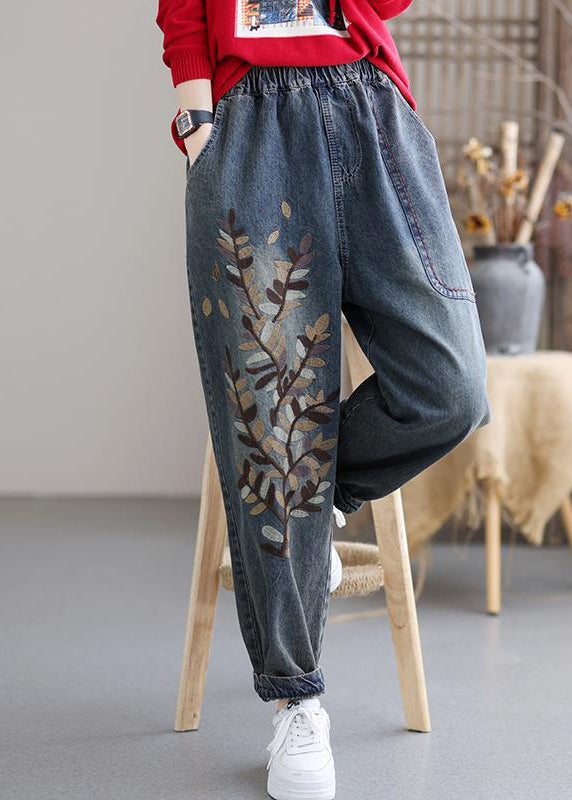 Pantalones harén de mezclilla de algodón con cintura elástica y bolsillos bordados en azul arte, otoño