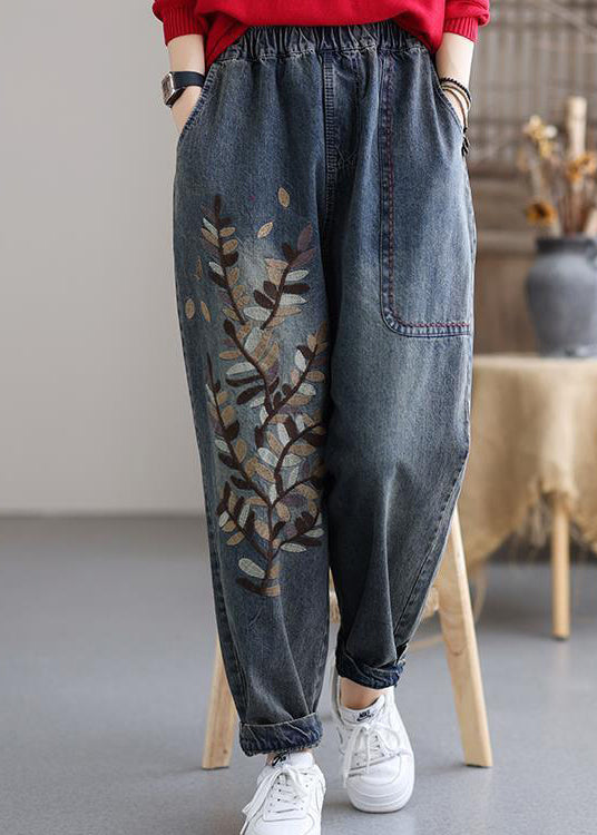 Pantalones harén de mezclilla de algodón con cintura elástica y bolsillos bordados en azul arte, otoño