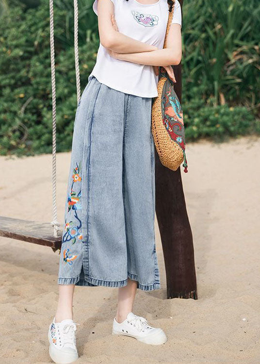 Art Blue Embroideried Pockets Patchwork Denim Wide Leg Pants