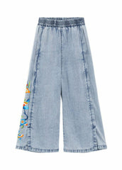 Art Blue Embroideried Pockets Patchwork Denim Wide Leg Pants