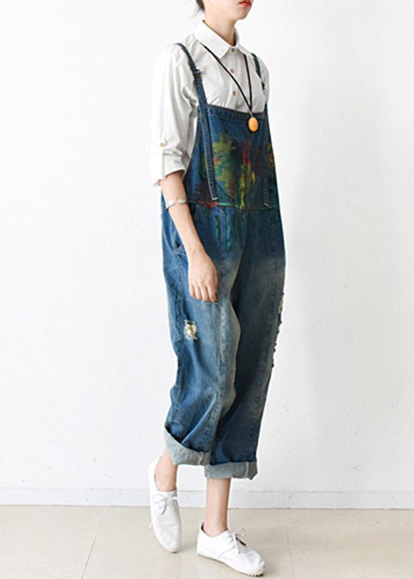 Art Blue Graffiti Denim Strap Jumpsuit Ripped Jeans Fall