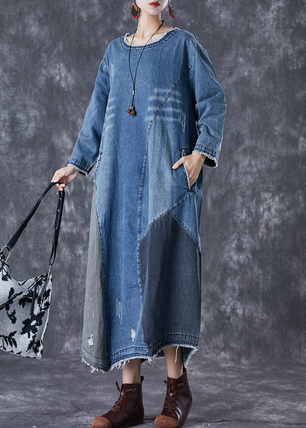 Art Blue Oversized Patchwork Denim Langes Kleid Herbst