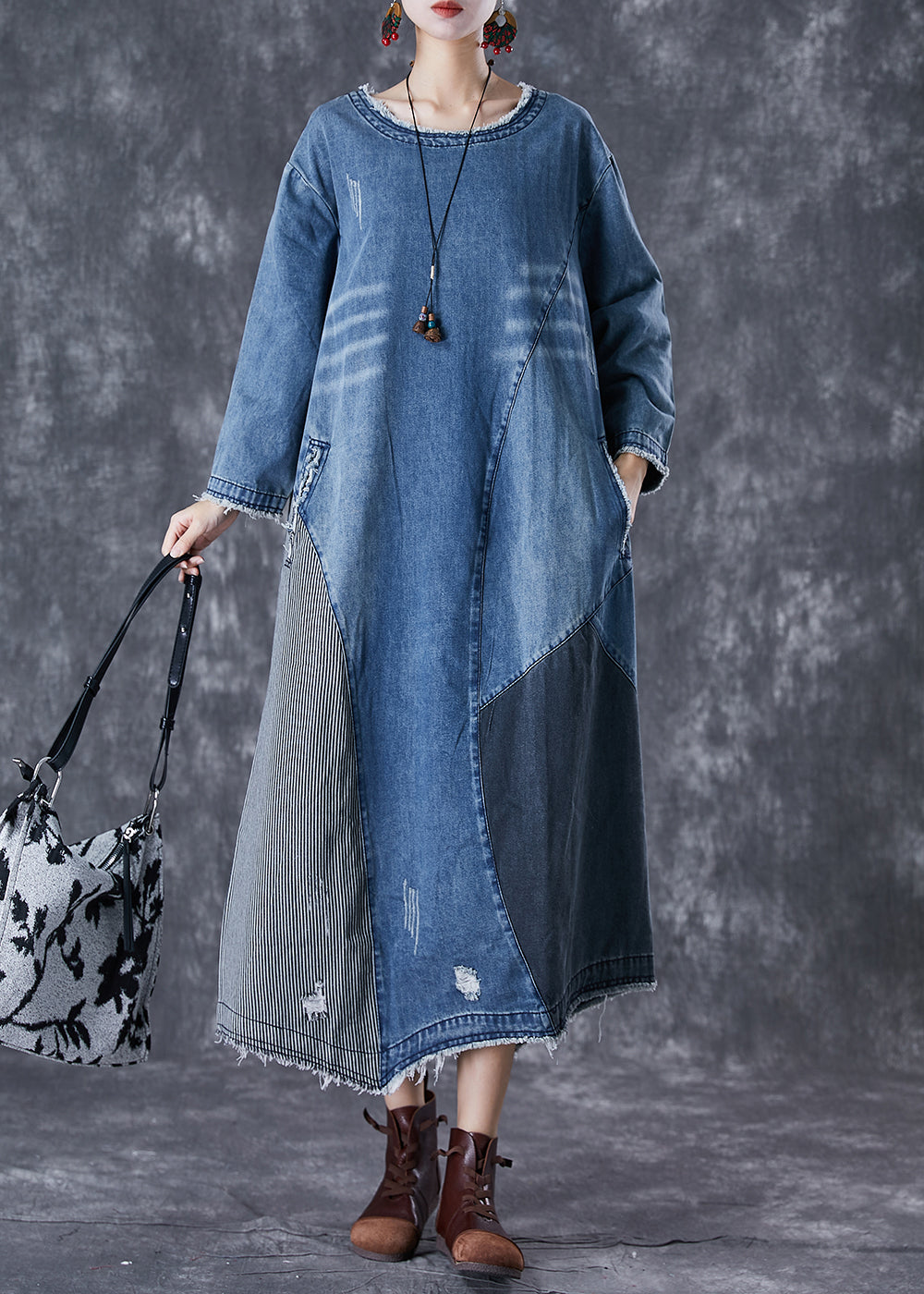 Art Blue Oversized Patchwork Denim Langes Kleid Herbst