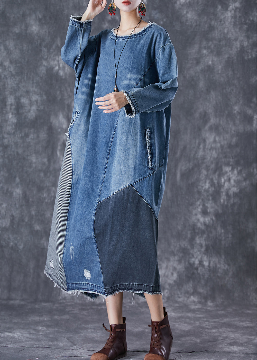 Art Blue Oversized Patchwork Denim Langes Kleid Herbst