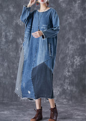 Art Blue Oversized Patchwork Denim Langes Kleid Herbst