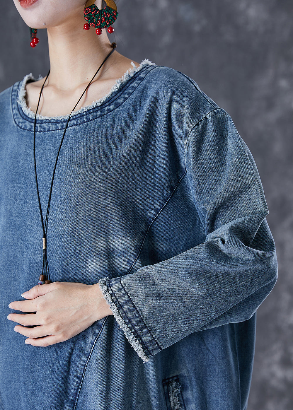 Art Blue Oversized Patchwork Denim Langes Kleid Herbst