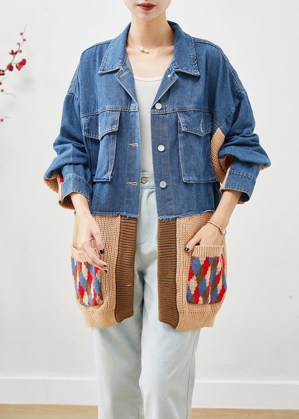 Art Blue Oversized Patchwork Taschen Jeansjacke Herbst