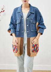 Art Blue Oversized Patchwork Pockets Denim Jacket Fall