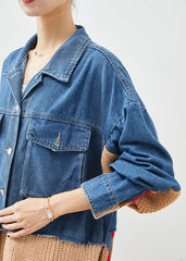 Art Blue Oversized Patchwork Pockets Denim Jacket Fall