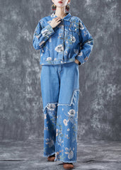 Art Blue Oversized Patchwork Print Denim Two-Piece Set