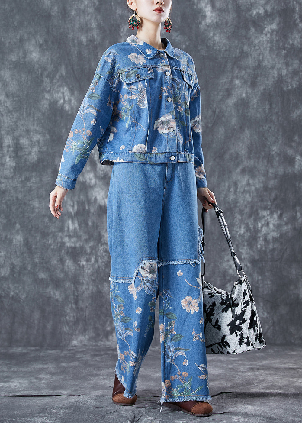 Art Blue Oversized Patchwork Print Denim Two-Piece Set