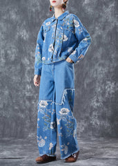 Art Blue Oversized Patchwork Print Denim Two-Piece Set