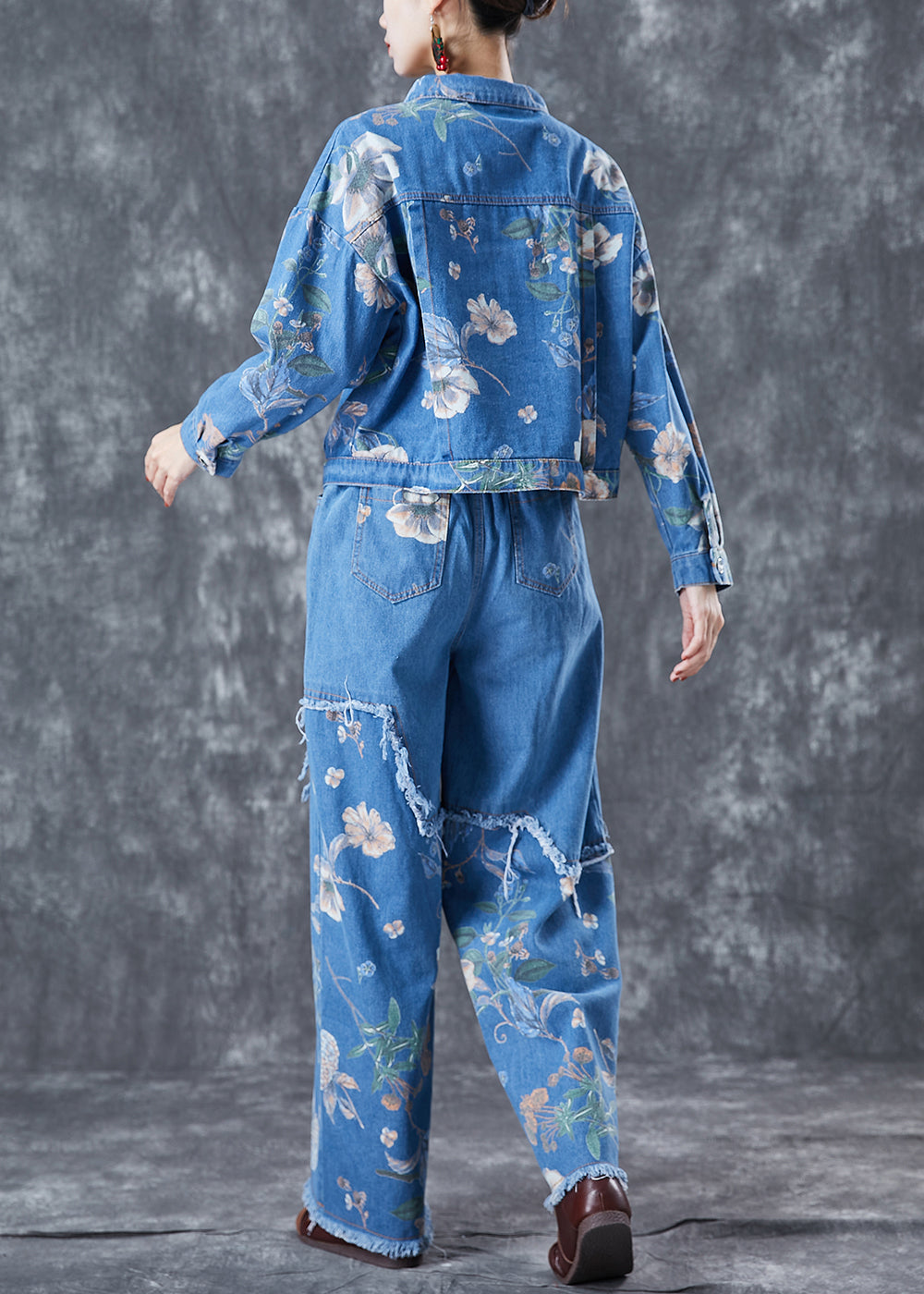 Art Blue Oversized Patchwork Print Denim Two-Piece Set