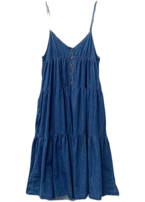 Art Blue Patchwork Wrinkled Denim Spaghetti Strap Dress