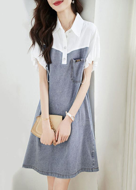 Art Blue Peter Pan Collar Drawstring Denim Patchwork Dress