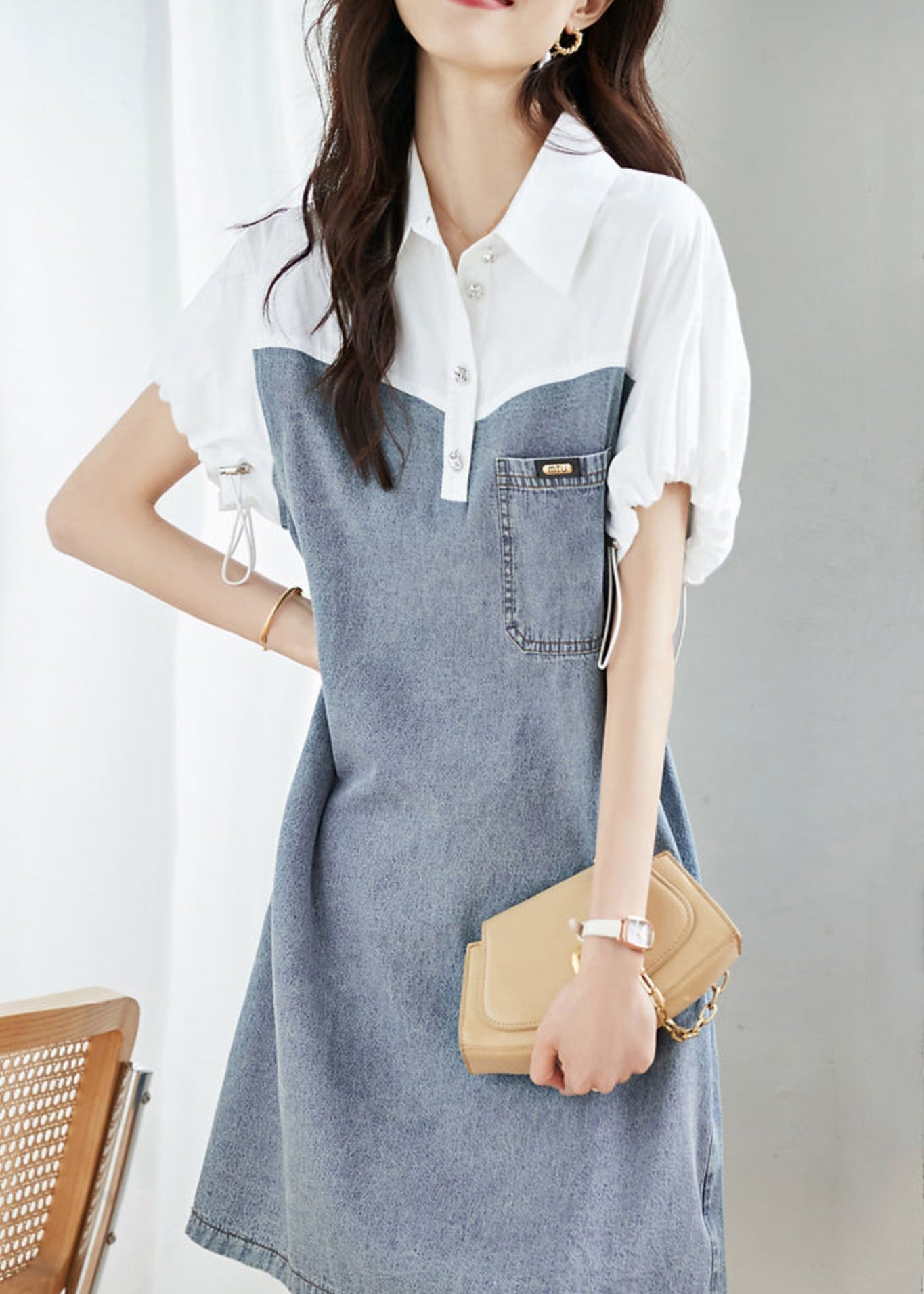 Art Blue Peter Pan Collar Drawstring Denim Patchwork Dress