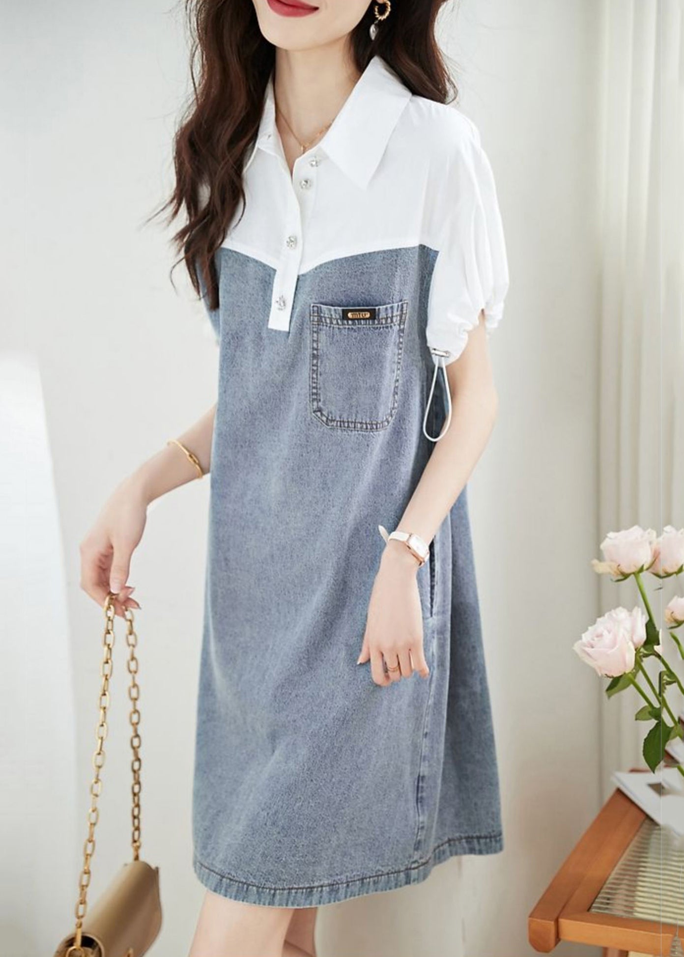 Art Blue Peter Pan Collar Drawstring Denim Patchwork Dress