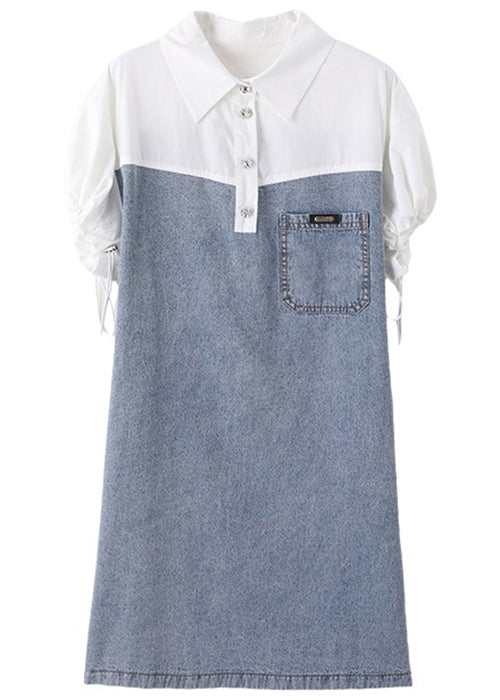 Art Blue Peter Pan Collar Drawstring Denim Patchwork Dress