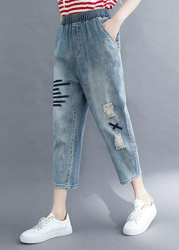 Art Blue Pockets Elastische Taille Patchwork Denim Crop Pants