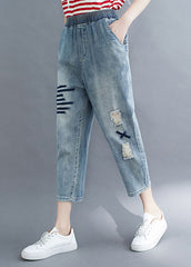 Art Blue Pockets Elastic Waist Patchwork Denim Crop Pants