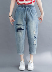 Art Blue Pockets Elastic Waist Patchwork Denim Crop Pants