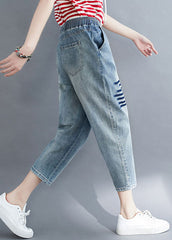 Art Blue Pockets Elastic Waist Patchwork Denim Crop Pants