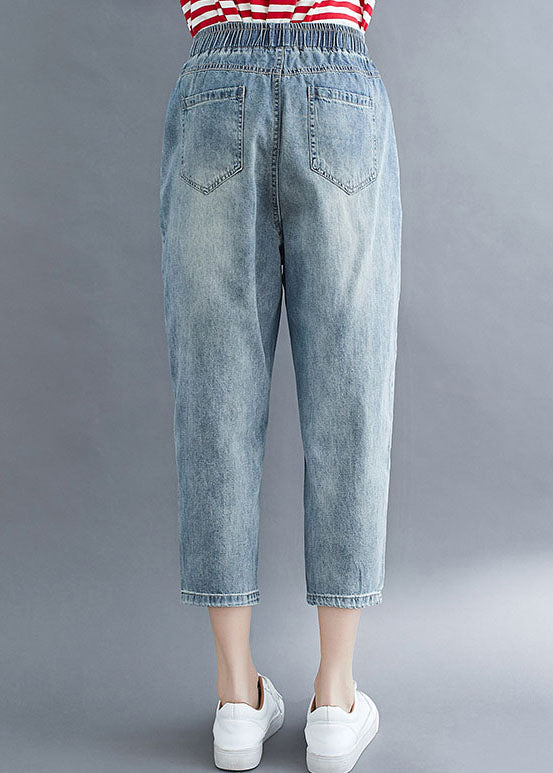 Art Blue Pockets Elastic Waist Patchwork Denim Crop Pants