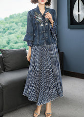 Art Blue Stehkragen Bestickte Jeansmäntel Flare Ärmel Und Dot Print Chiffon Röcke Zweiteiliges Set Kleidung