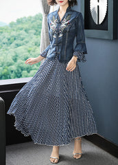 Art Blue Stehkragen Bestickte Jeansmäntel Flare Ärmel Und Dot Print Chiffon Röcke Zweiteiliges Set Kleidung