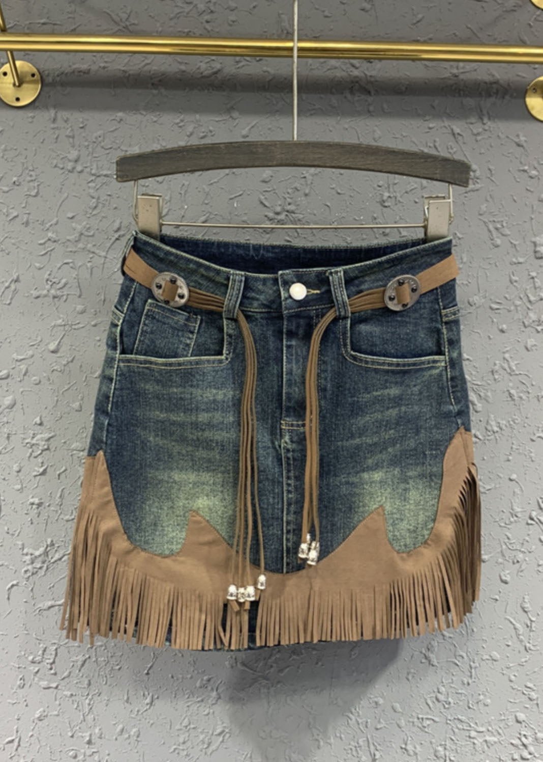 Art Blue Tassel Patchwork High Waist Denim Skirt