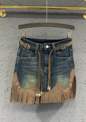 Art Blue Tassel Patchwork High Waist Denim Skirt